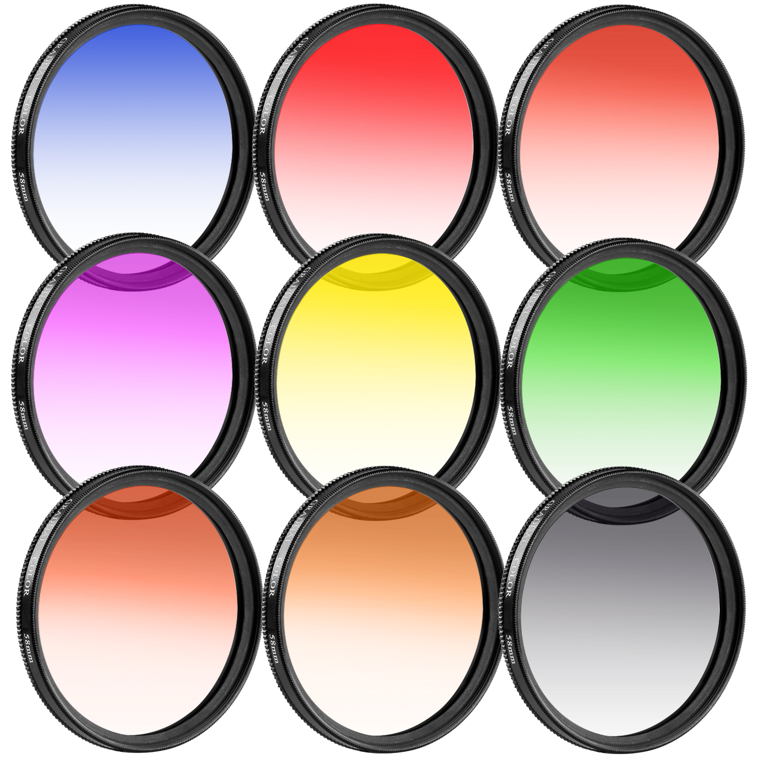 Neewer 9pcs 58mm Complete Graduated Color Lens Filter Set for SLR