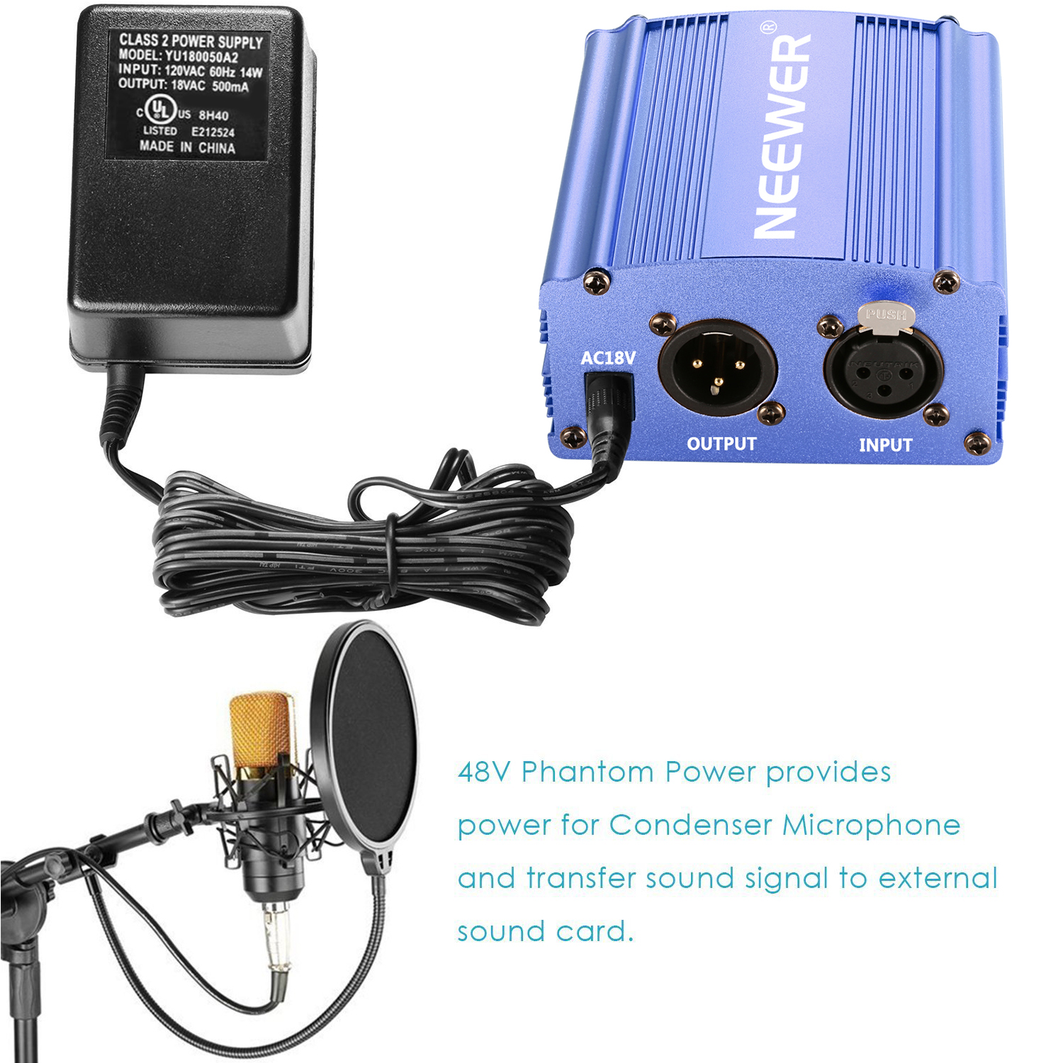 Neewer 48V Phantom Power Supply with Adapter and XLR Cable(Blue) eBay