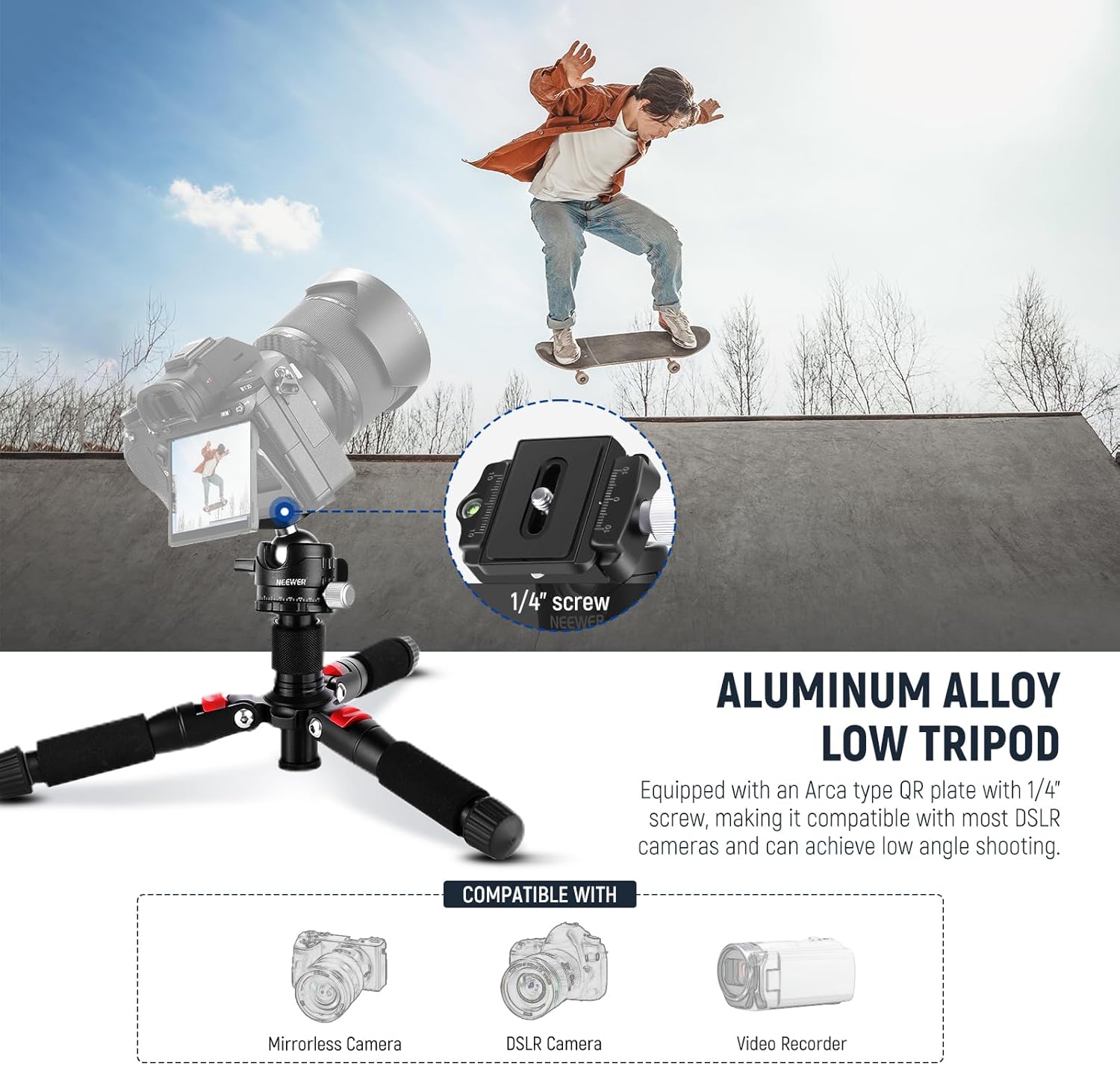 NEEWER Mini Desktop Tripod Red חצובה שולחנית אדומה - מבנה ושימוש
