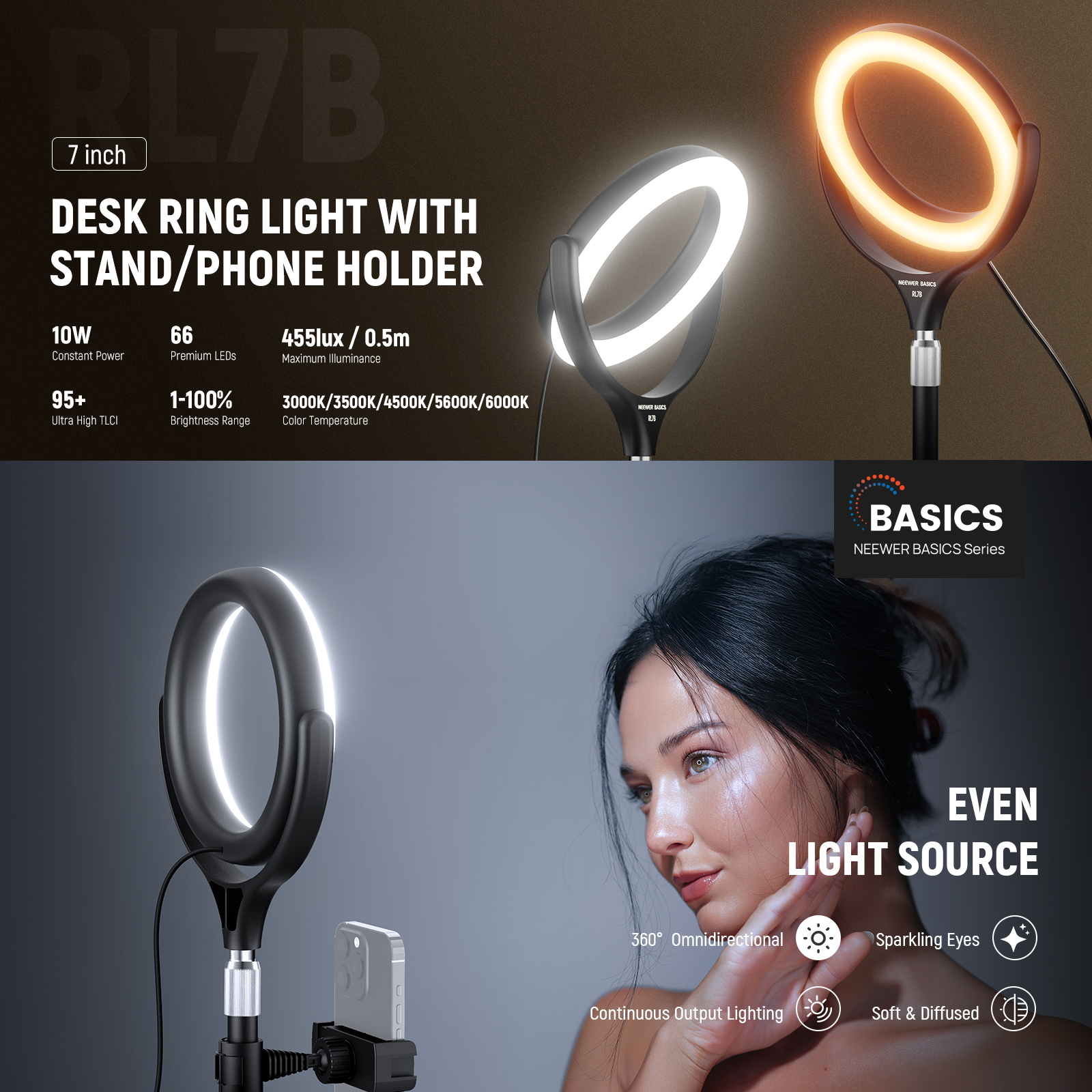 NEEWER BASICS RL78 7" Ring Light תאורת רינג שולחנית - מבנה ושימוש