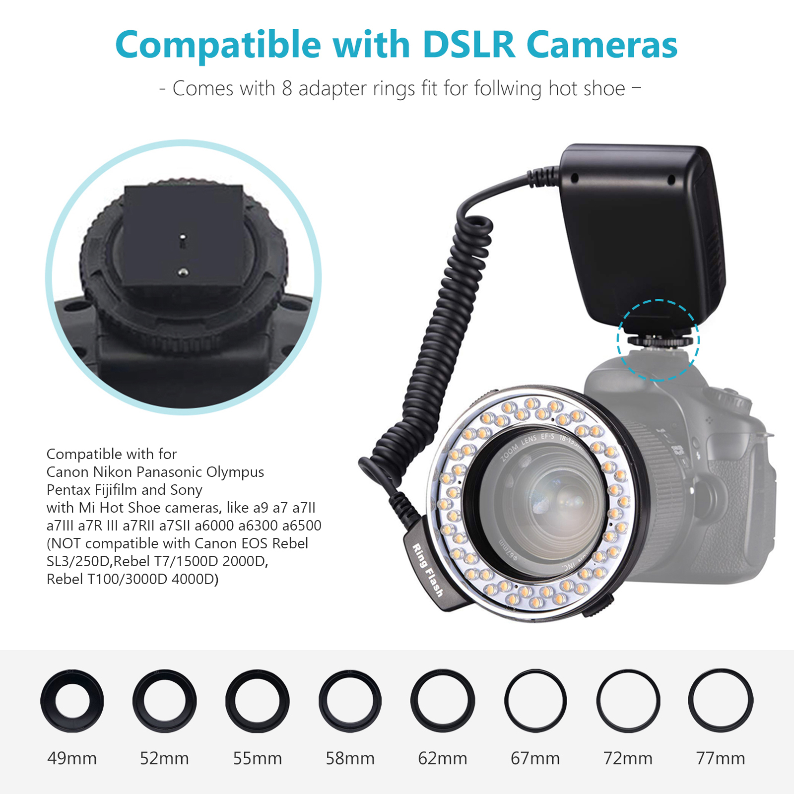 Neewer Macro LED Ring Flash Kit with Adapter Rings for Nikon Canon DSLR