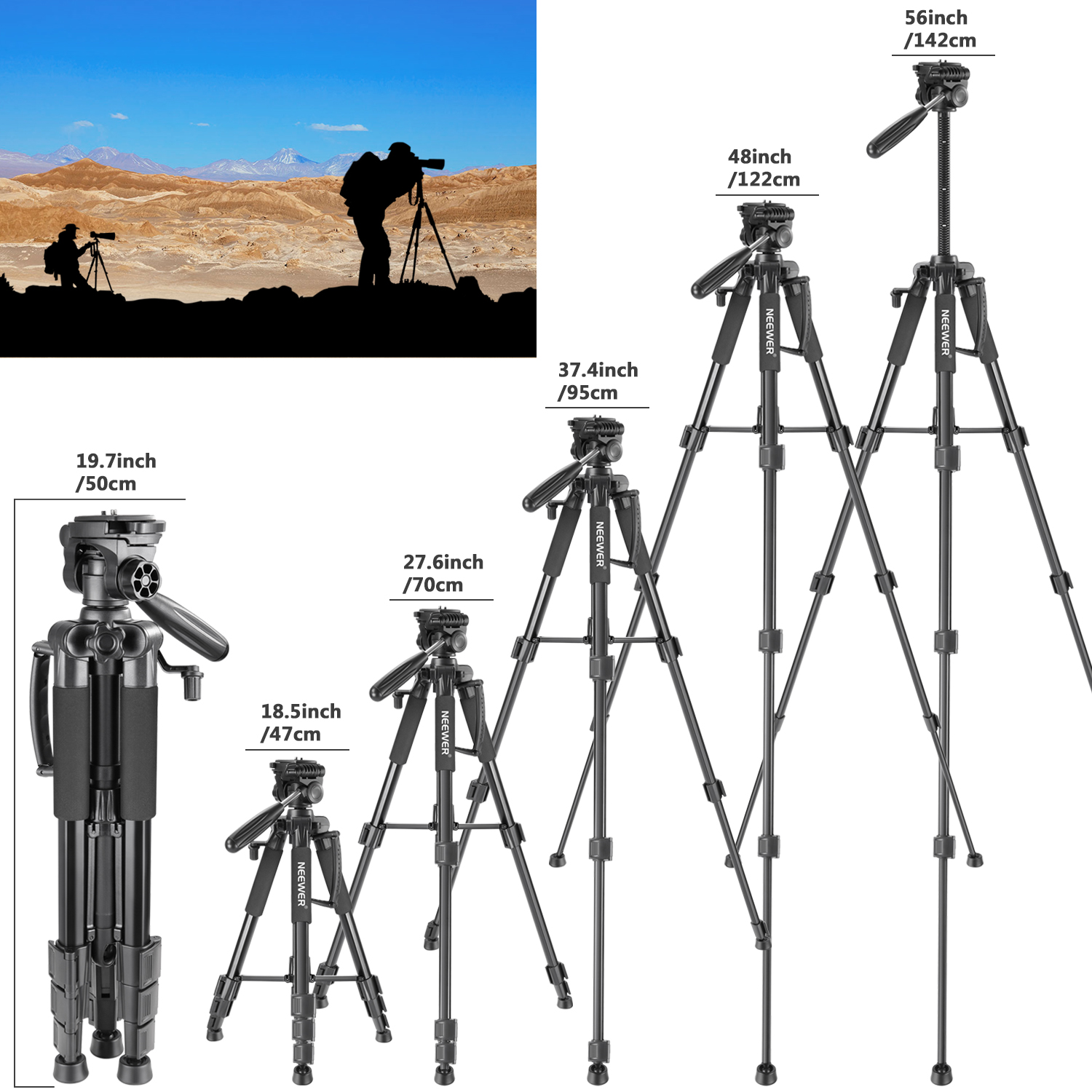 LS Photography 3-Way Pan/Tilt Head Infinite Angle Tripod with 2 Handles,  1/4 QR Plate, and Bubble Level, Supports Canon Sony Nikon DSLR Camera