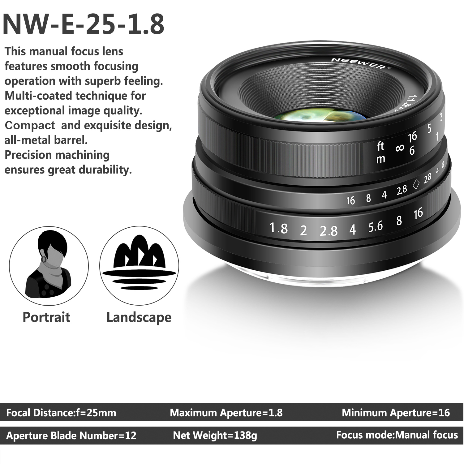 Neewer 25mm f/1.8 Manual Focus Lens for Sony E-Mount Digital Mirrorless