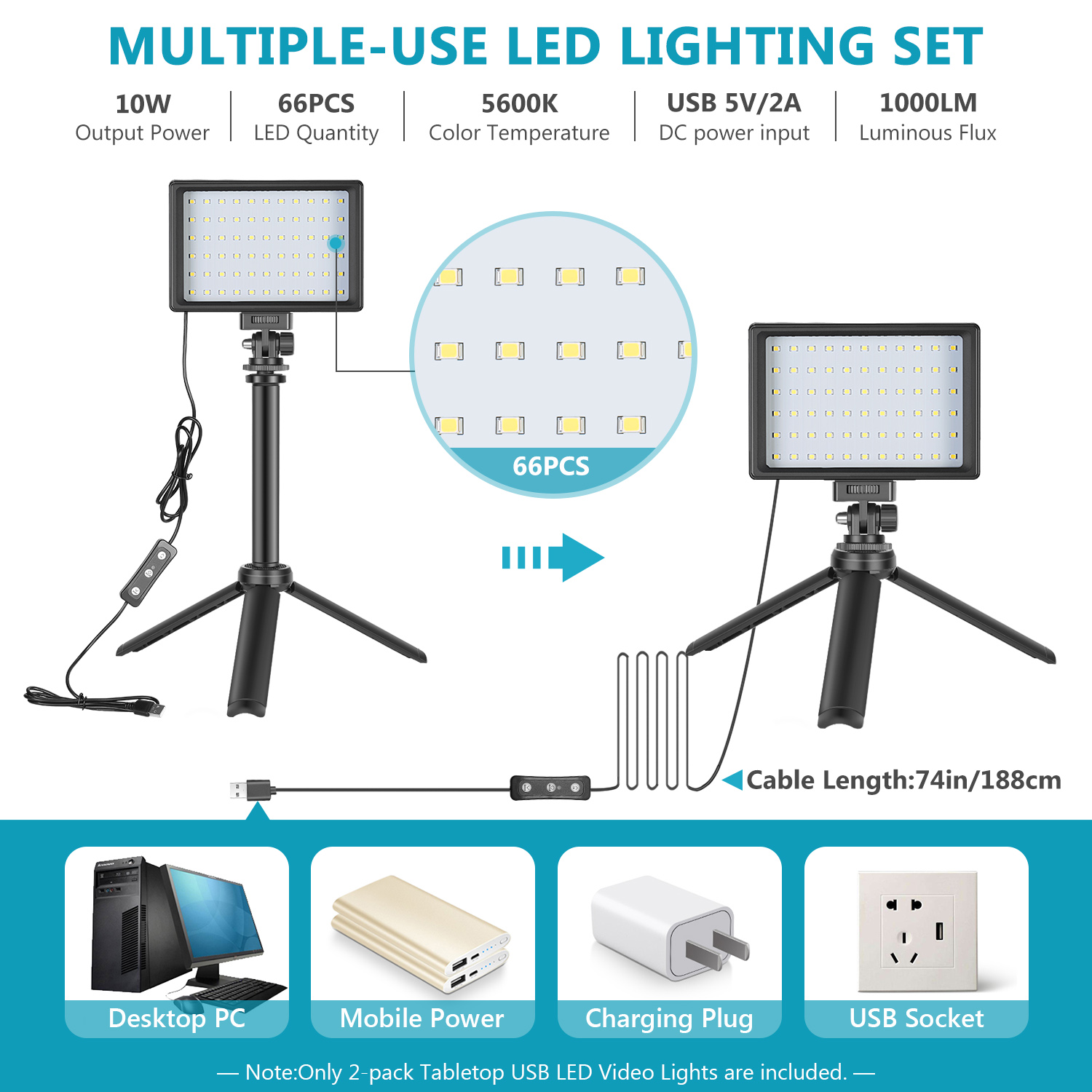 Neewer 2 Packs Lighting Kit Dimmable USB 66 LED Video Light with Stand