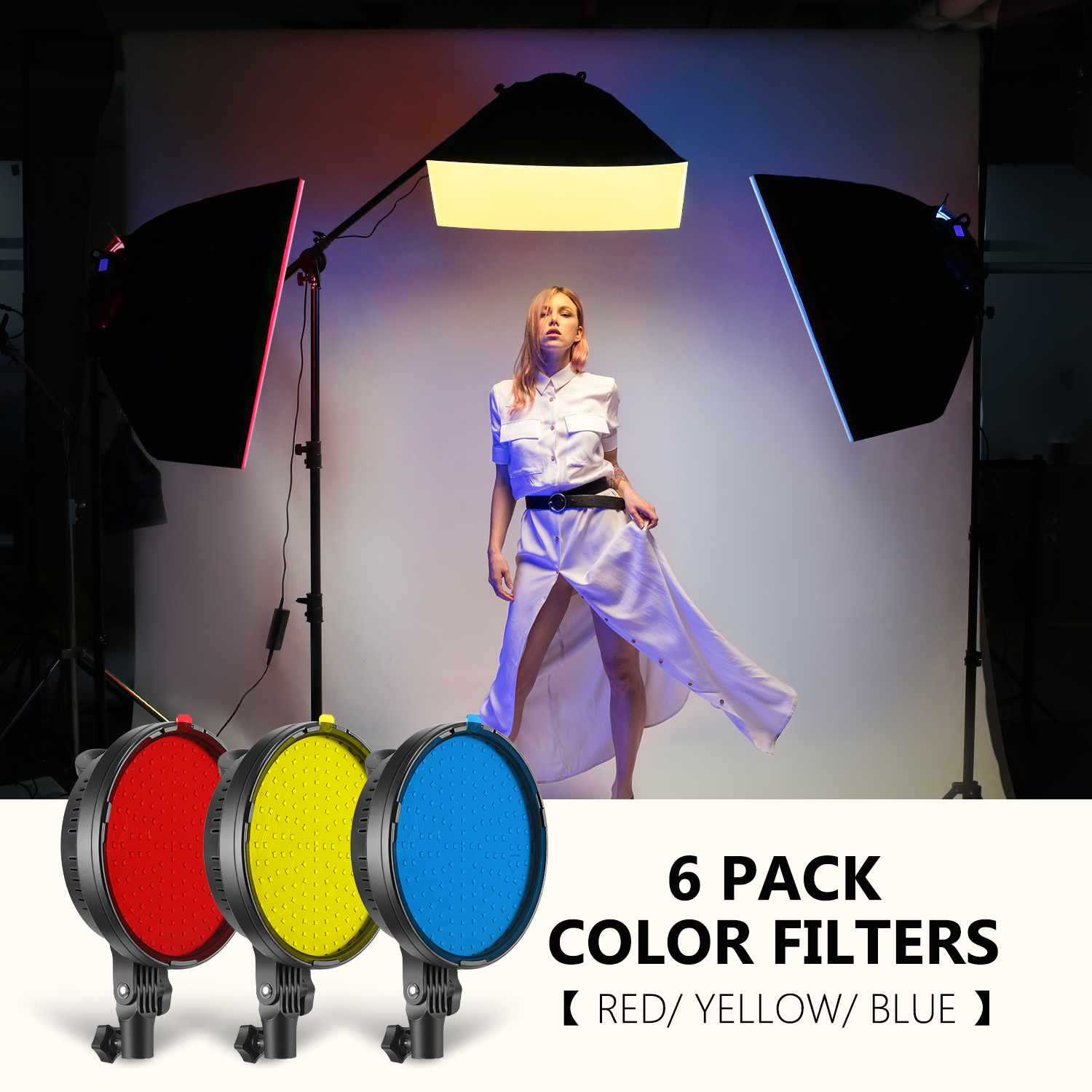 Continuous Lighting 3Pack LED Softbox Lighting Set with Color Filter