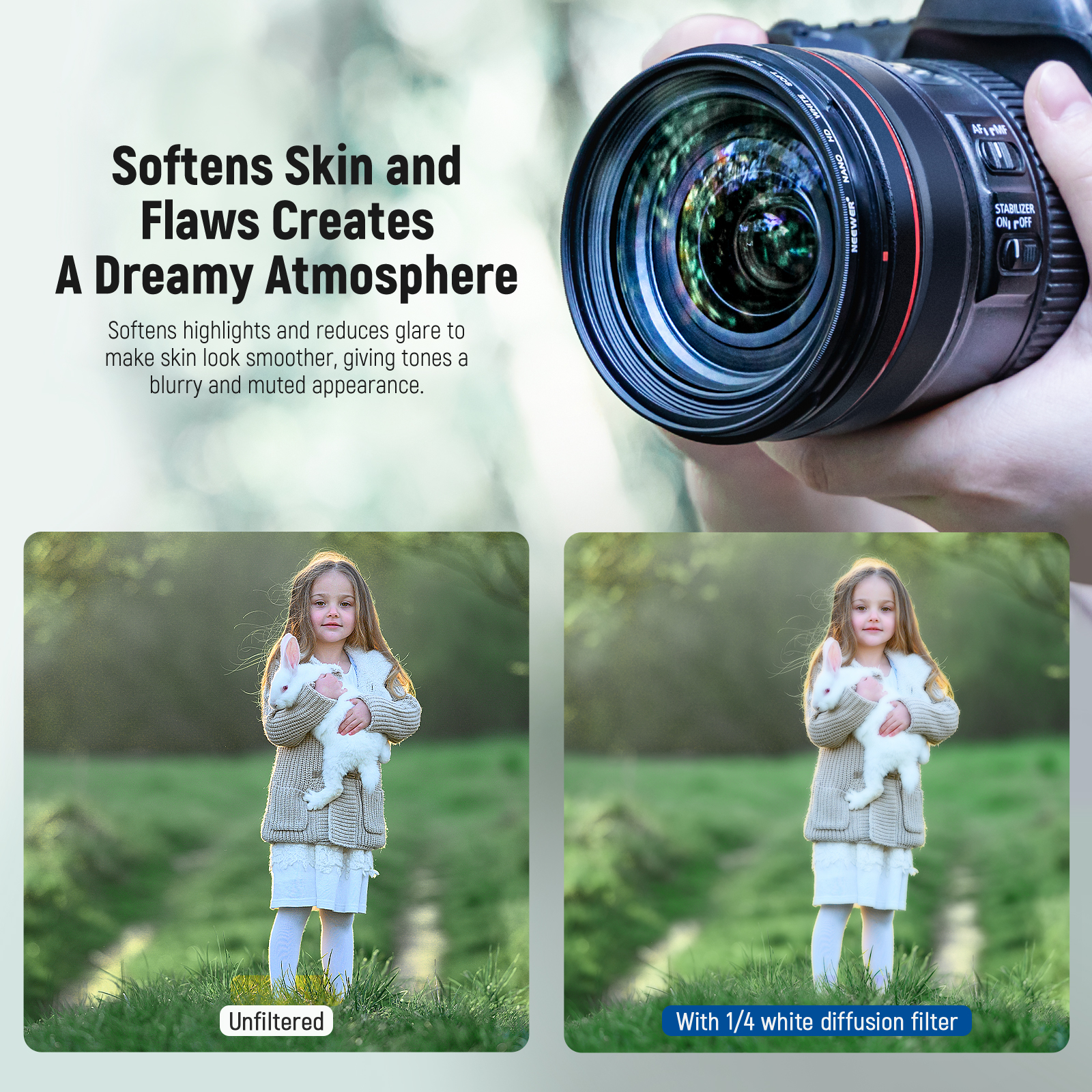 thumbnail image 2 of NEEWER 72mm Black Diffusion 1/8 Filter - Mist Effect For Cinematic Video & Portrait Photography, HD Glass, 30-Layer Nano Coating 2 of 12