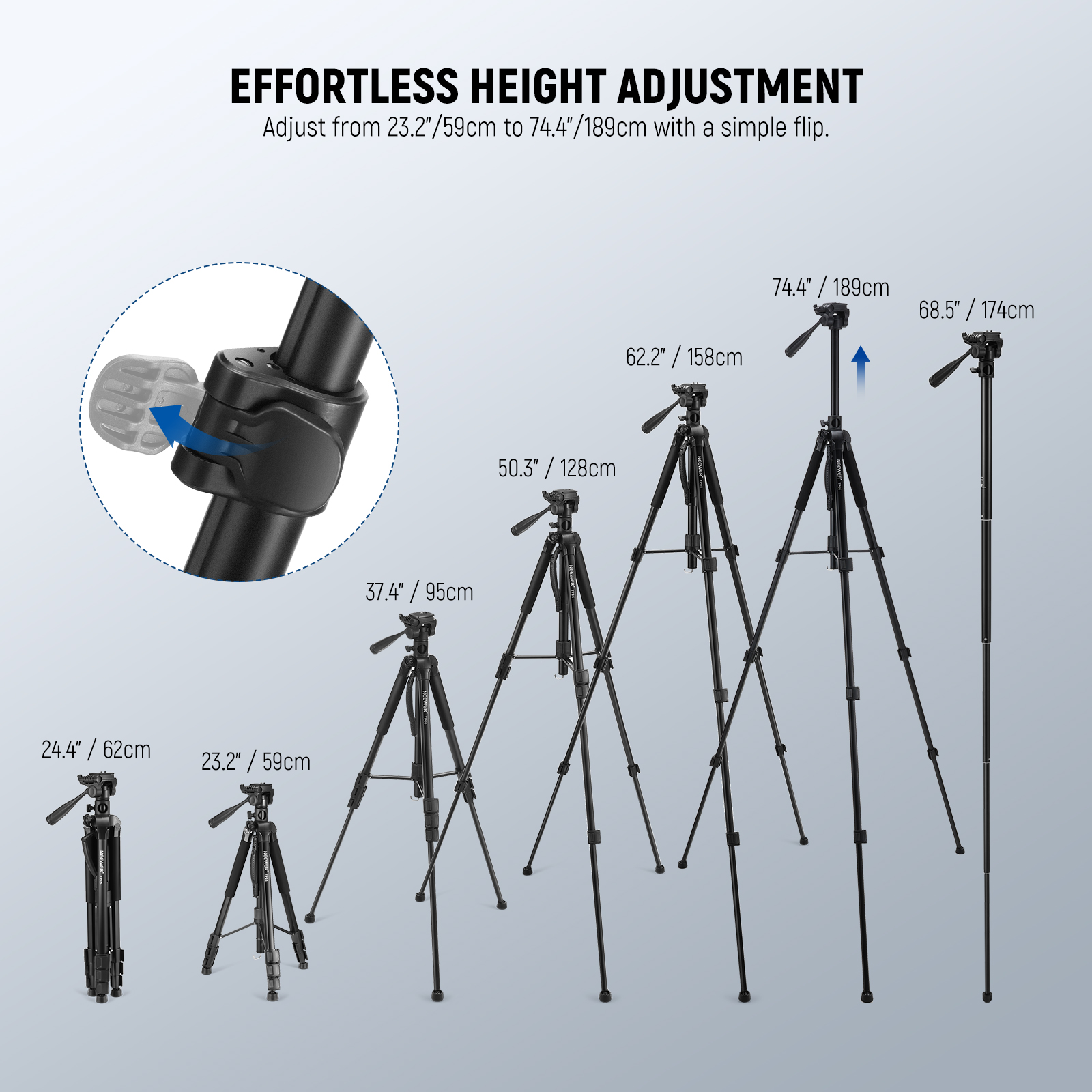 חצובת מצלמה מאלומיניום NEEWER Aluminum Camera Tripod - מבנה ושימוש